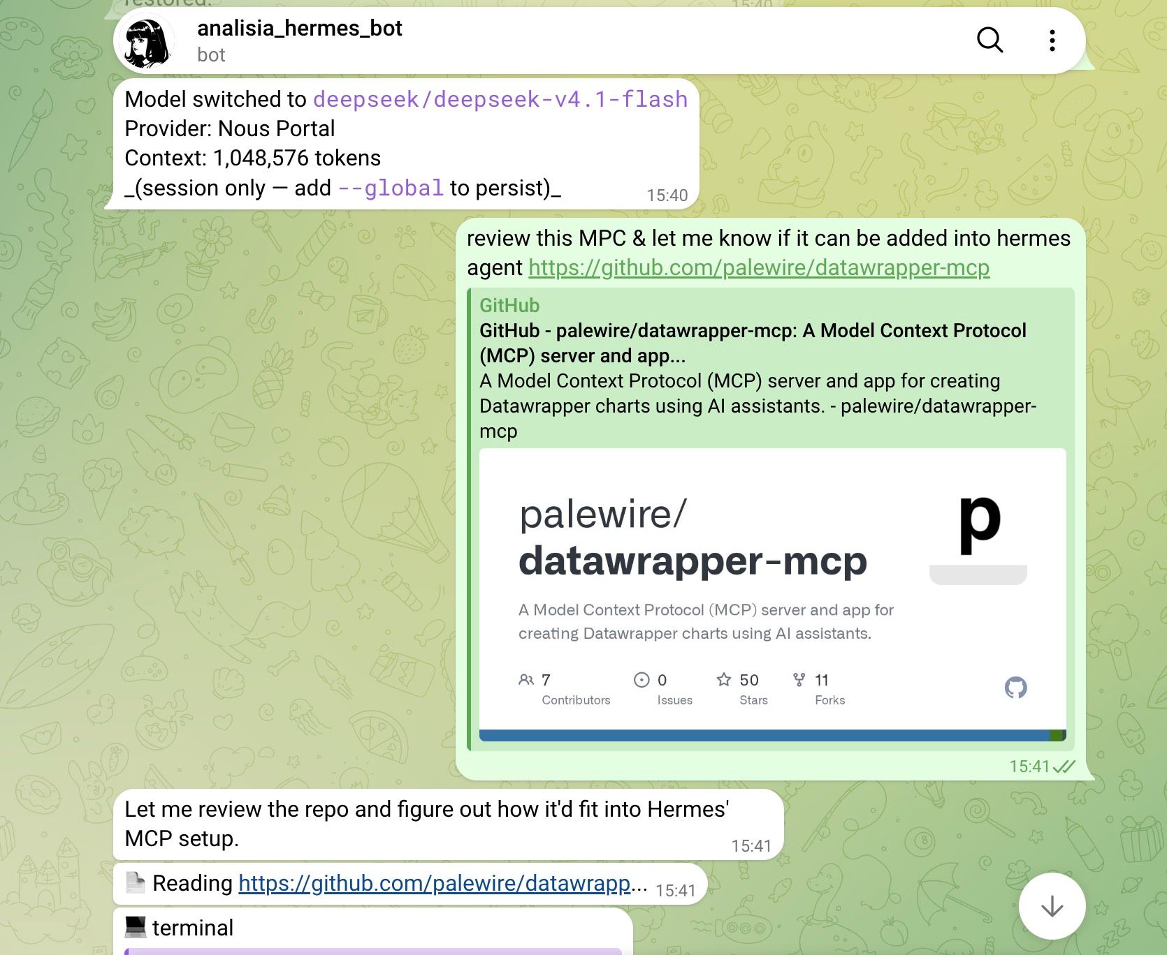 Asking the Hermes agent on Telegram to install the Datawrapper MCP